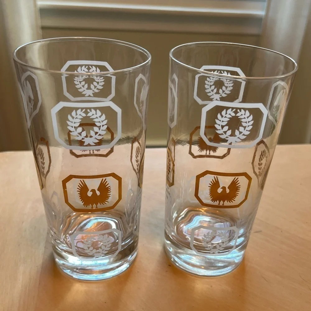 Highball Glasses Set of 2 Vintage Gold & White w/ Eagles Laurel Wreaths